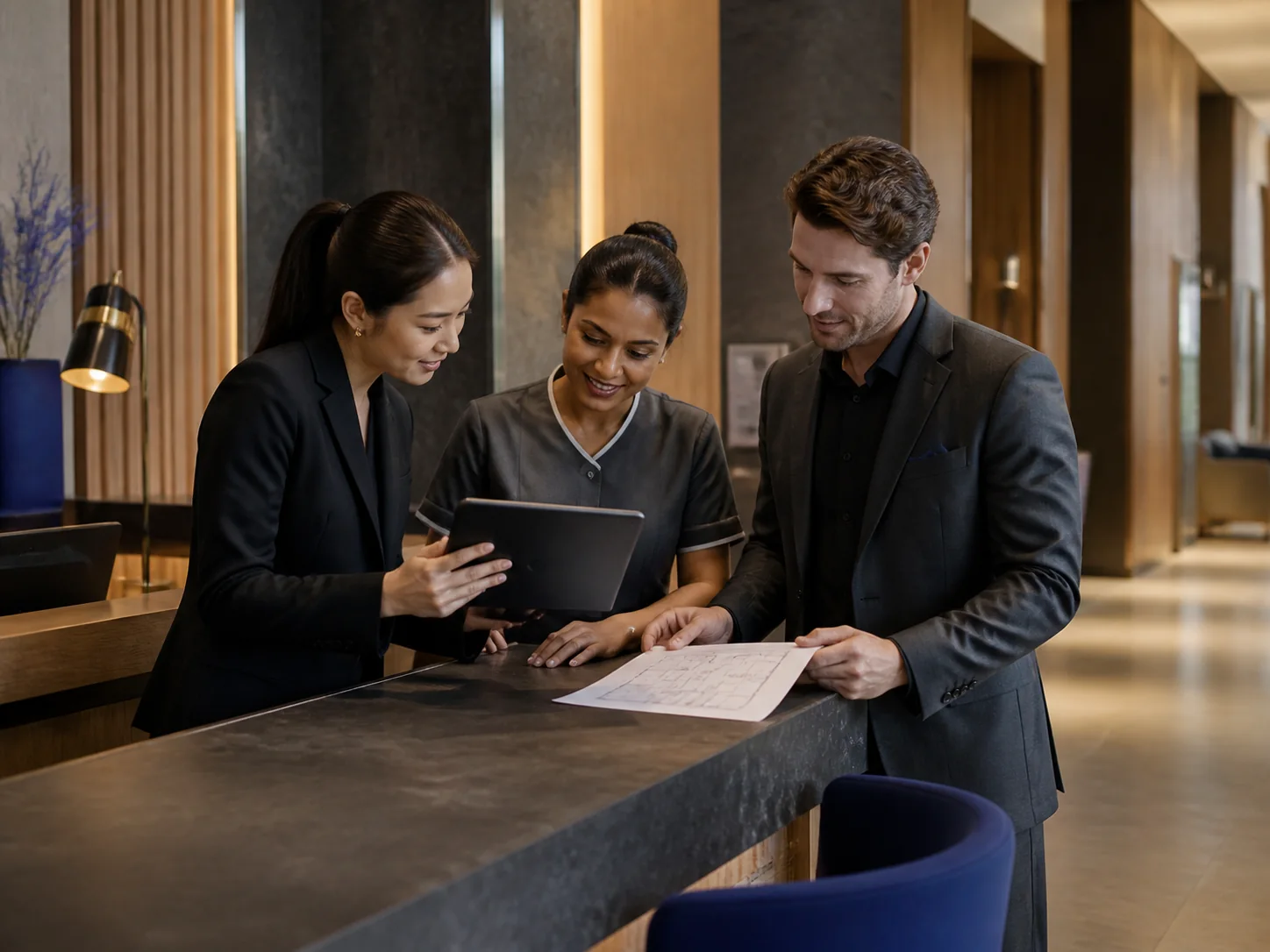 Hospitality team coordinating daily operations around a tablet and property plan