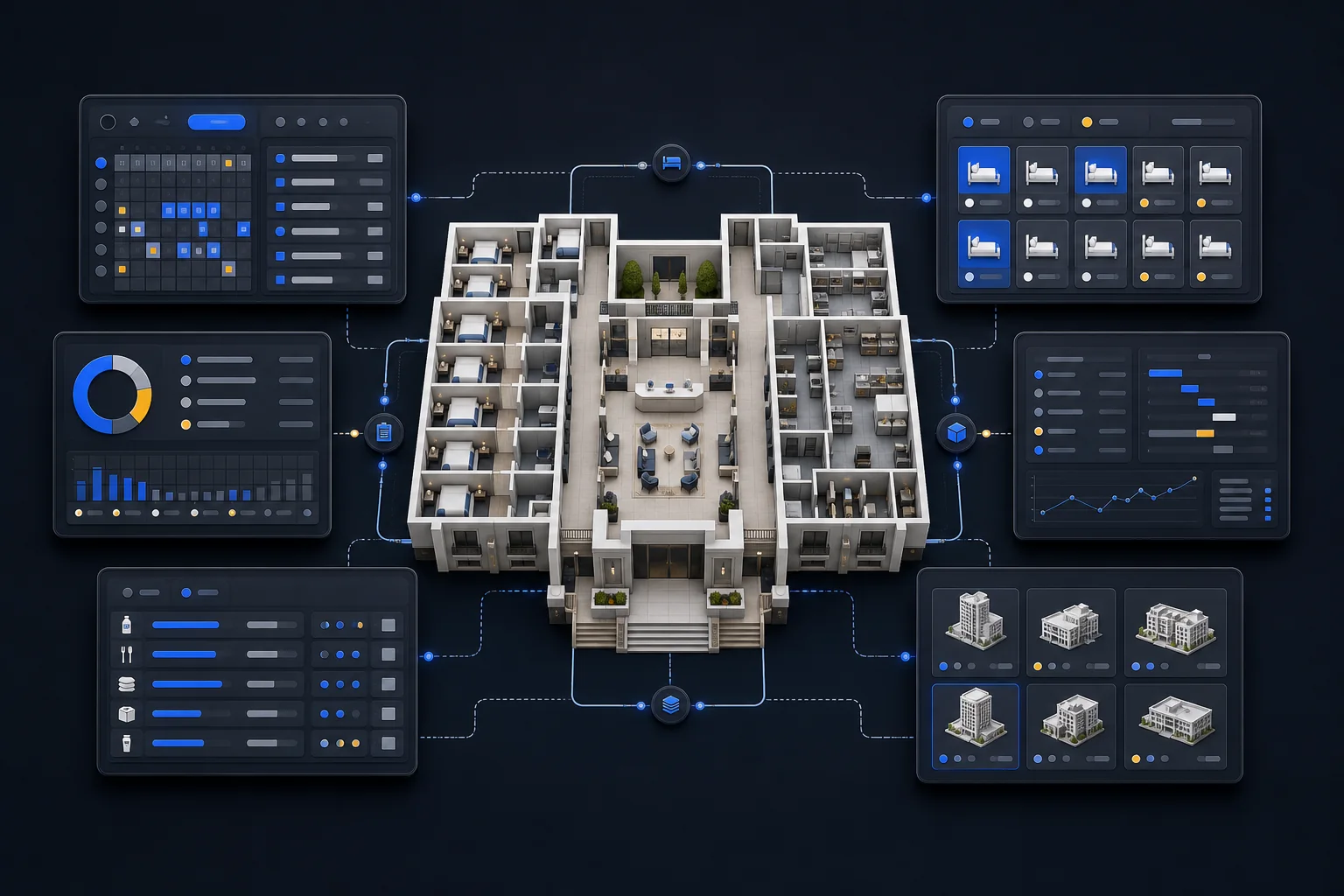 Illustrated hospitality command center connecting reservations, rooms, guests, finance and supplies