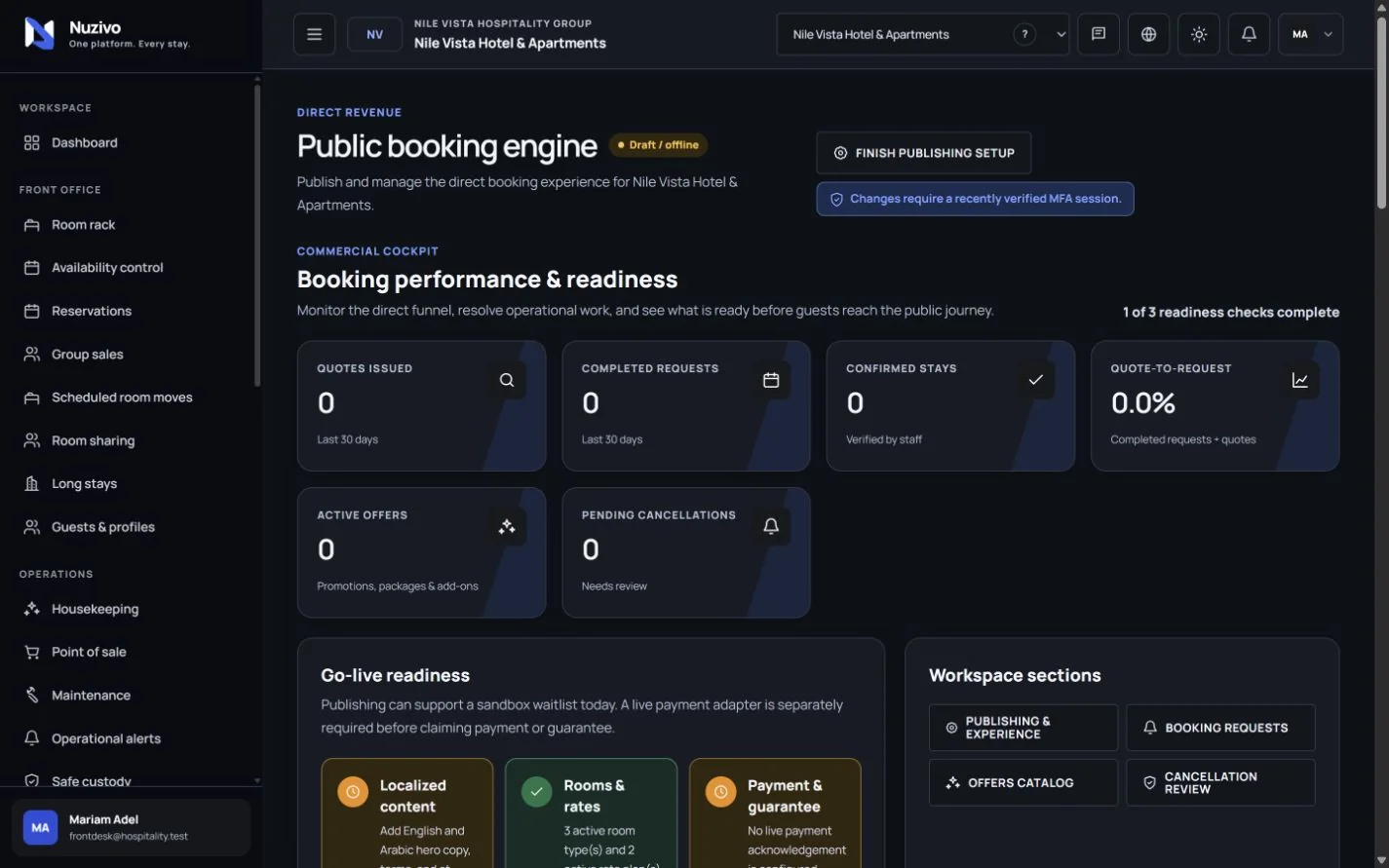 Nuzivo bilingual booking-engine screen showing a fictional booking request and quote journey