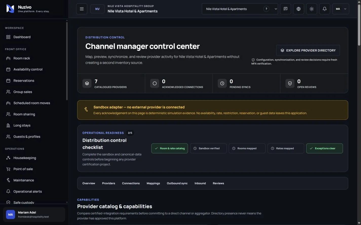 Nuzivo provider-neutral channel-management screen showing fictional connection and mapping data