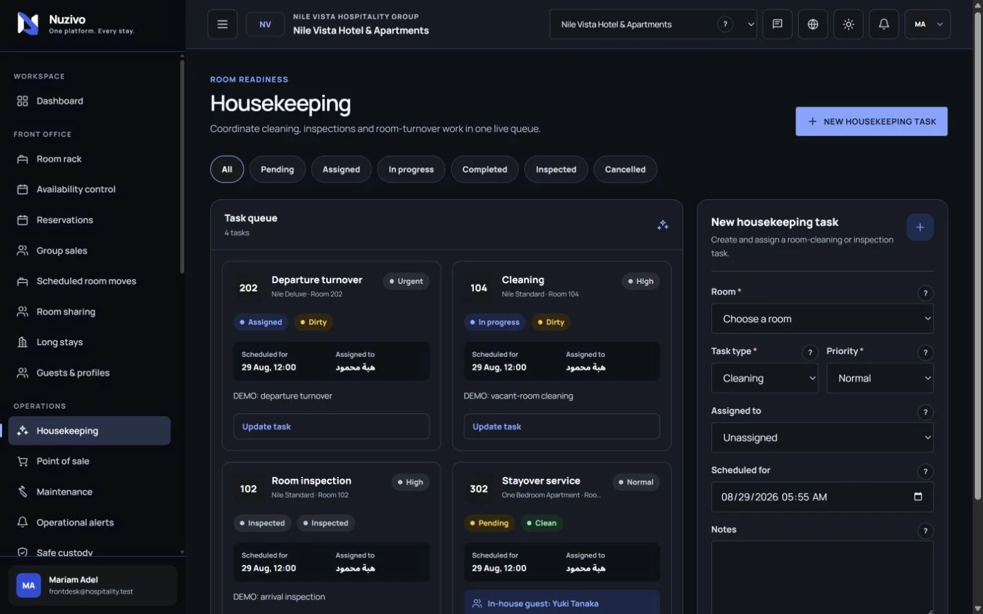 Nuzivo housekeeping operations screen showing fictional room-readiness work