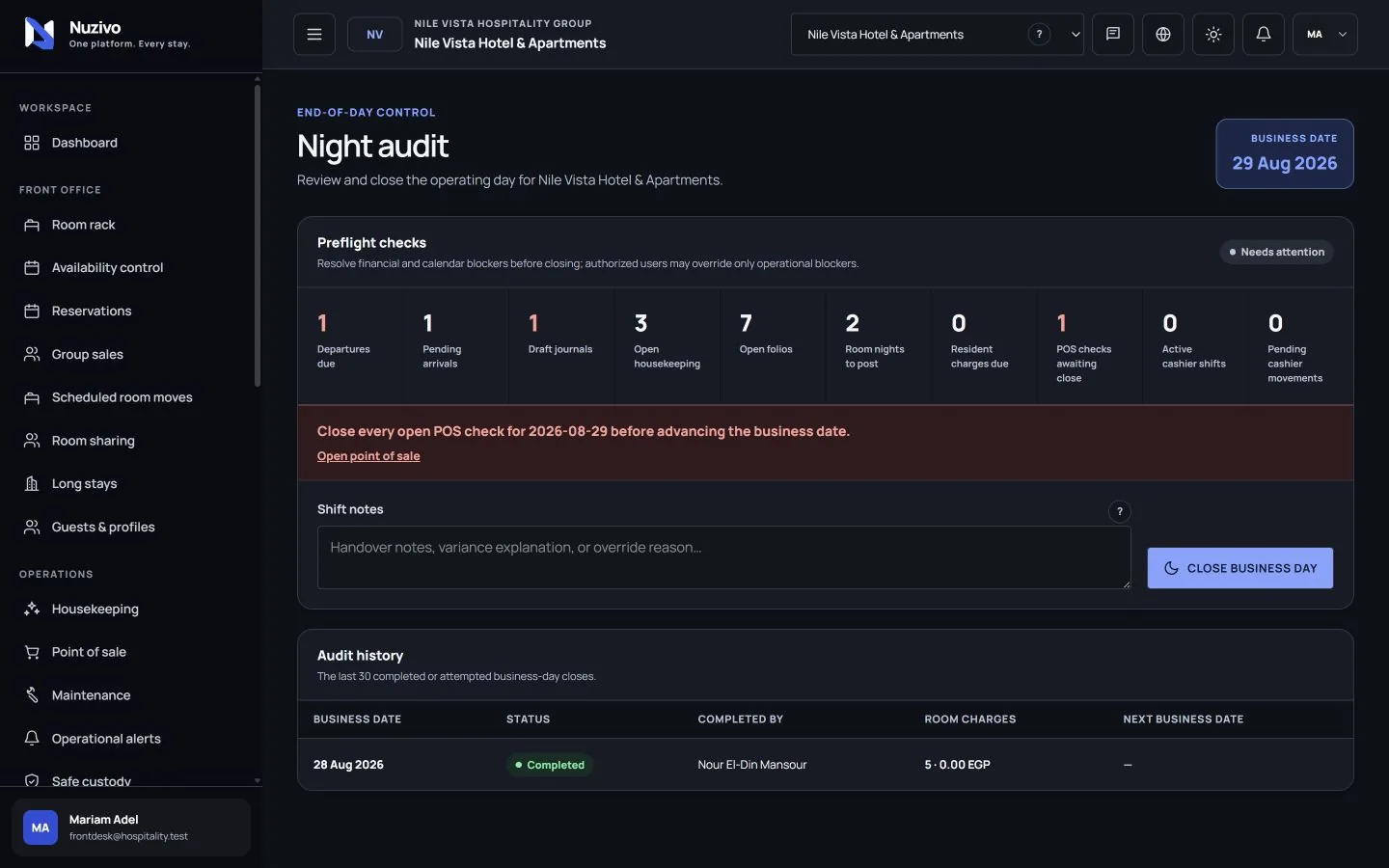 Nuzivo night-audit screen showing fictional operational and financial preflight checks