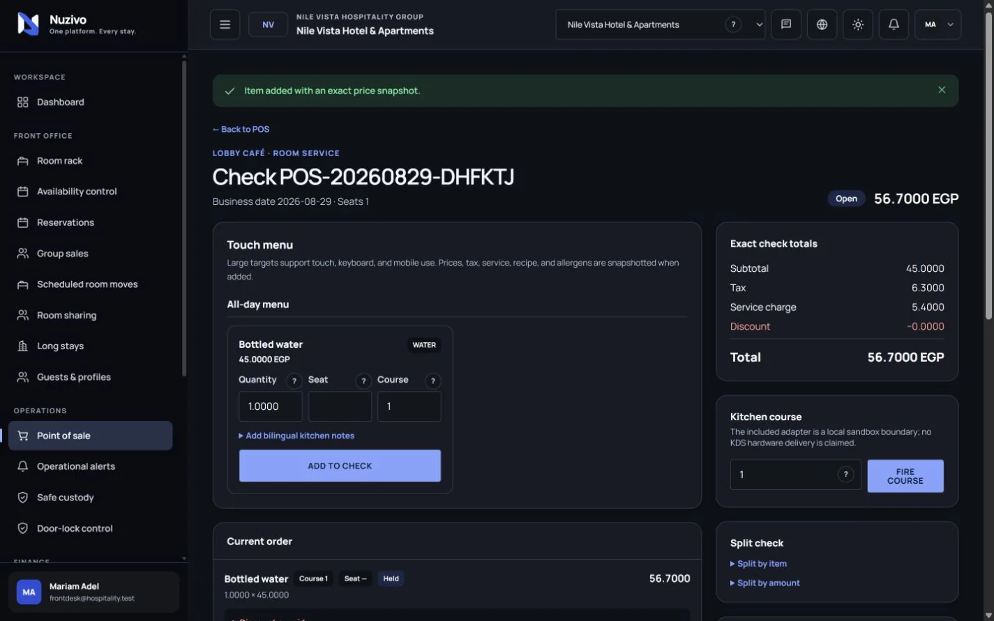 Nuzivo POS screen showing a fictional staff-managed room-service check