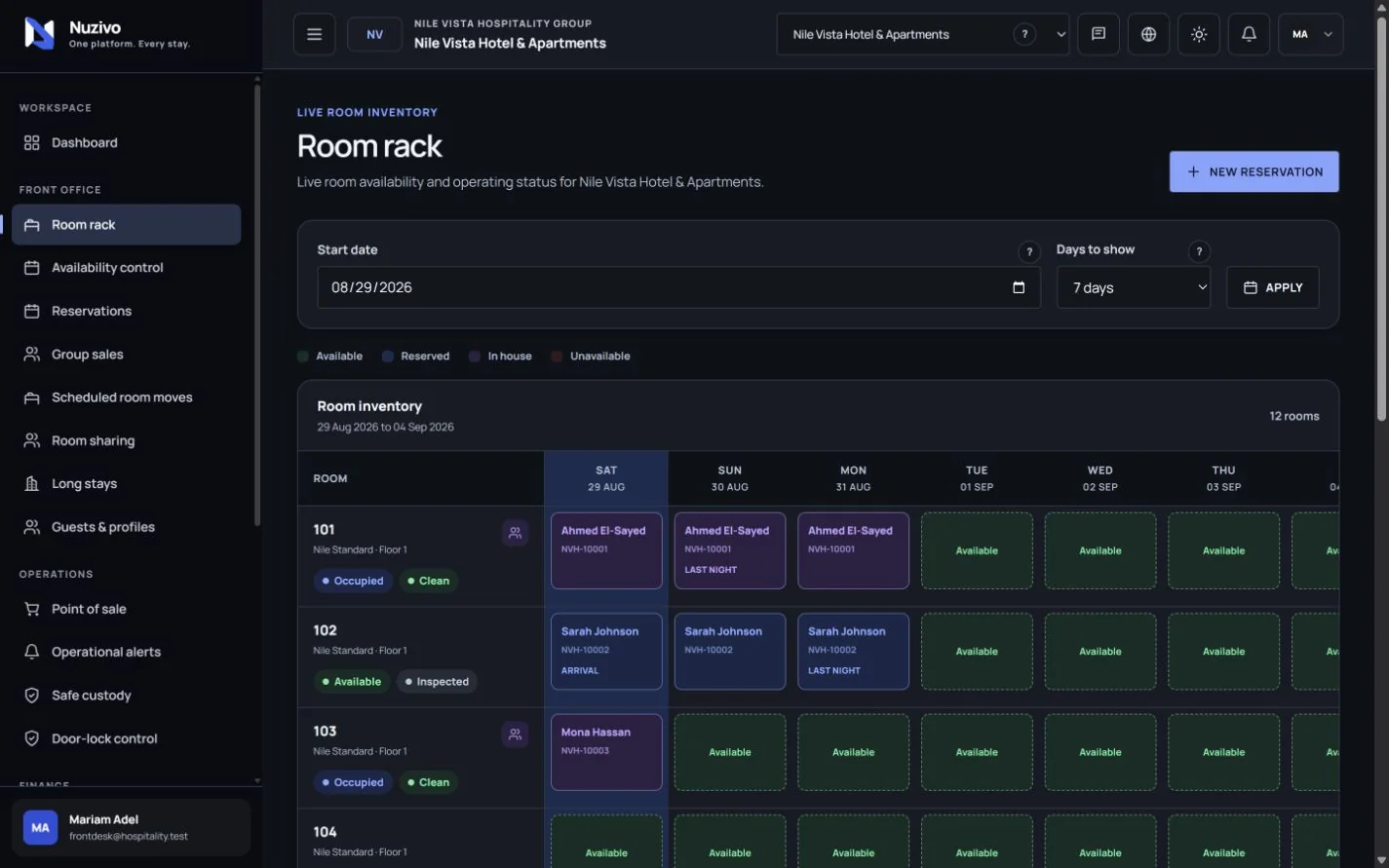 Nuzivo room rack showing fictional room availability and stay status